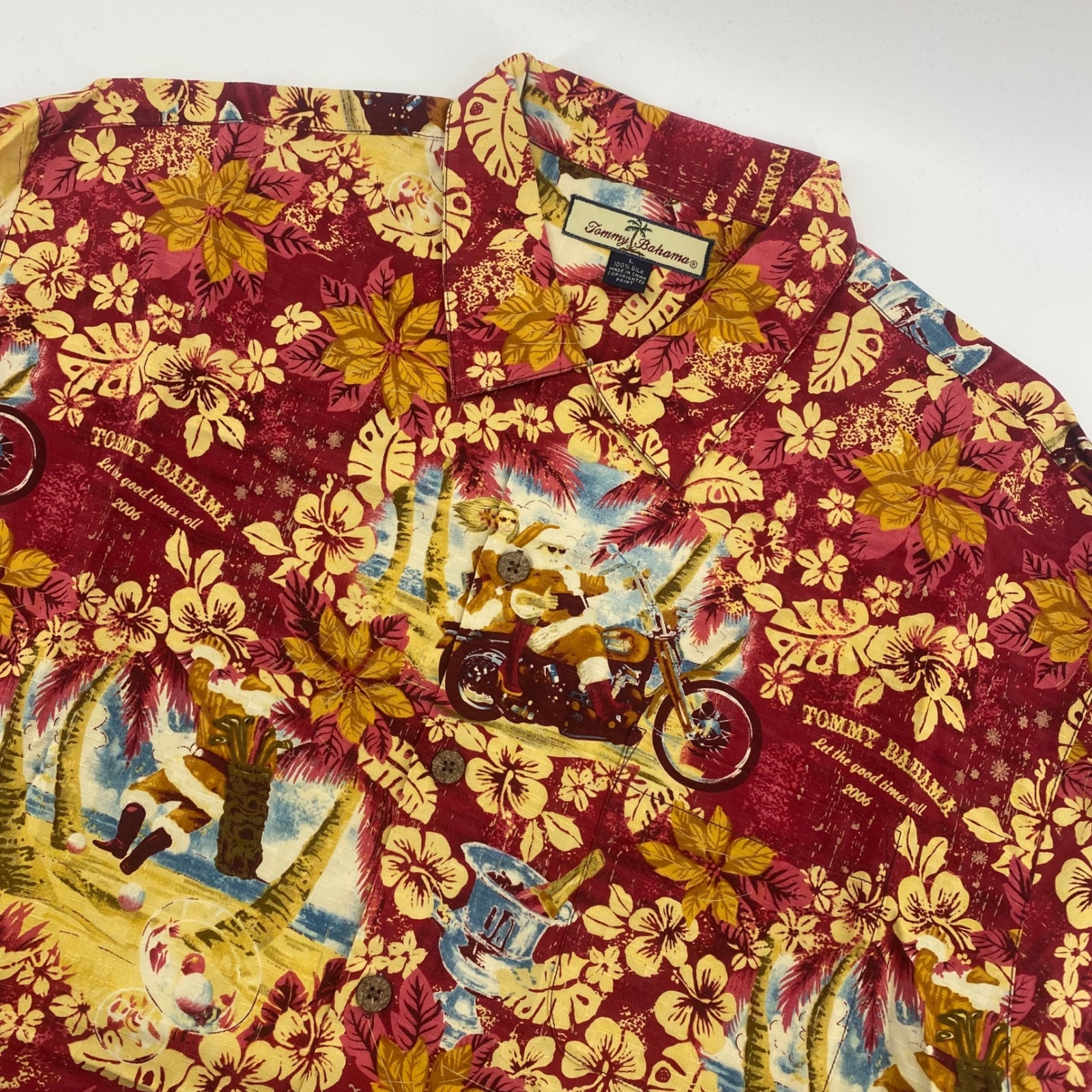 Tommy Bahama Shirt Mens L Red Silk 2006 Let The Good Times Roll Hawaiian Camp